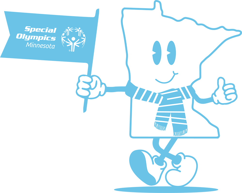 Cartoon Minnesota holding a Special Olympics Minnesota flag